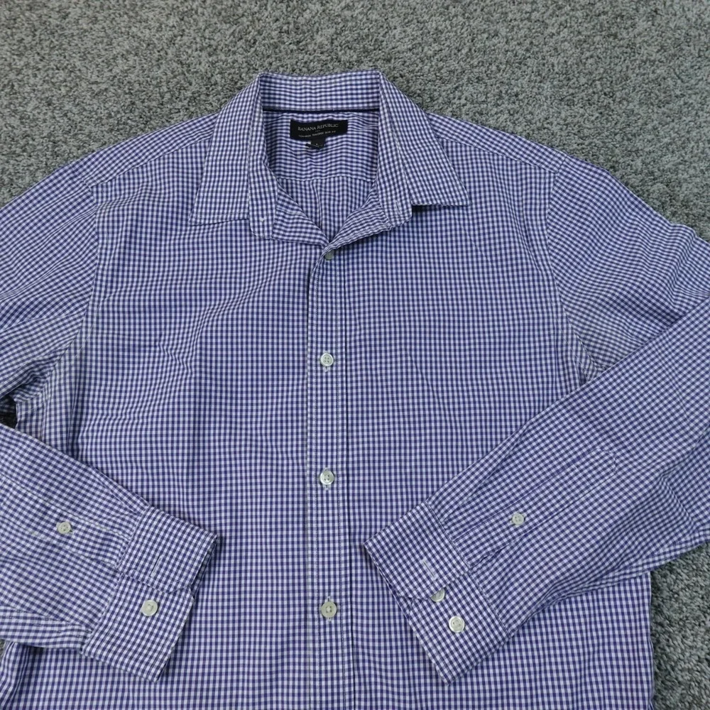 Banana Republic Shirt Mens L 16.5 35 Purple Gingham Slim Fit Button Up Dress Top